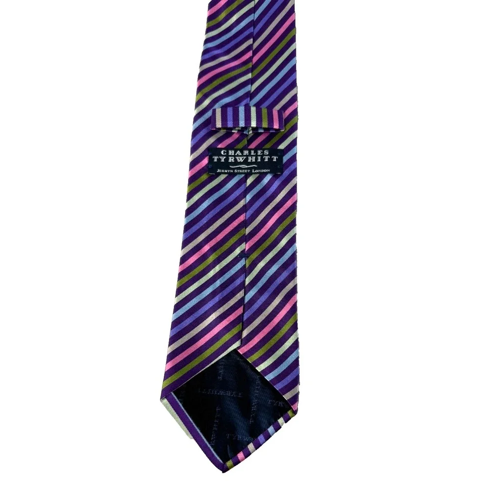 Charles‎ Tyrwhitt Mens Silk Tie Purple Blue Pink Green Striped Made in Italy